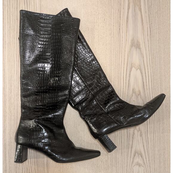 Freda Salvador PHOENIX CROC COMBO TALL BOOT Size 10 Pull On Low Heeled Black - Picture 4 of 6